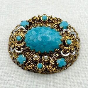 Vintage West Germany Turquoise Blue Layered Gold Tone Filigree Brooch Pin EUC